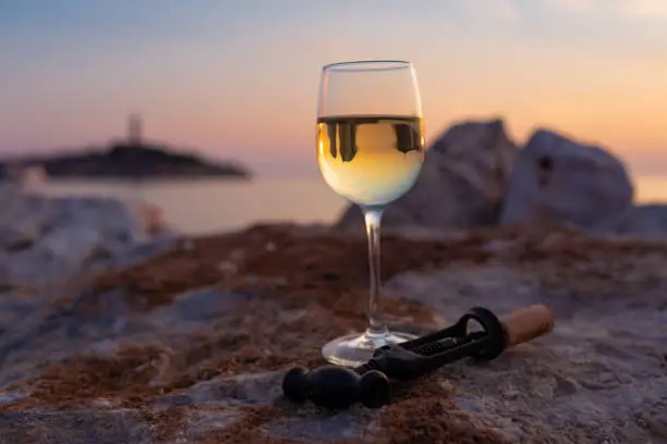 Photo of Glass of white wine on the background of Rovinj town, Croatia