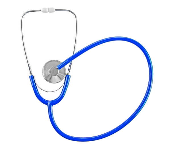 istock Blue stethoscope isolated on a white background, top view. 1298557496