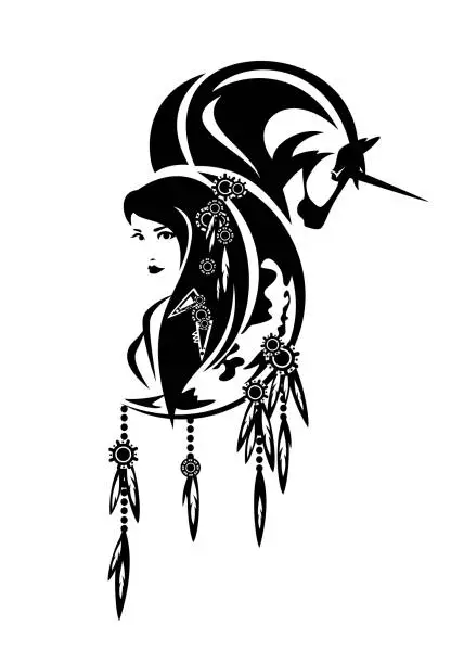 Vector illustration of shaman woman, unicorn horse and crescent moon tribal black and white vector portrait