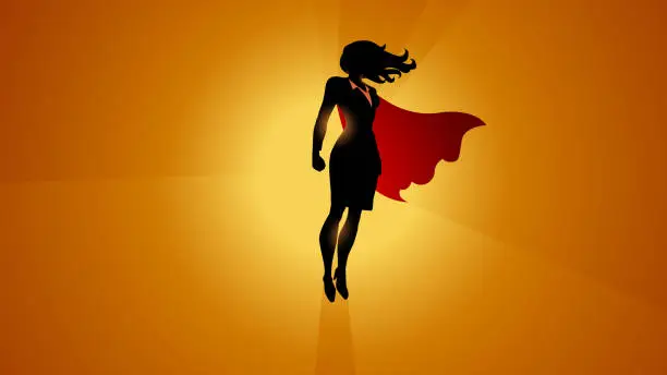 Vector illustration of Vector Superhero Businesswoman Levitating in the Air in Silhouette Stock Illustration