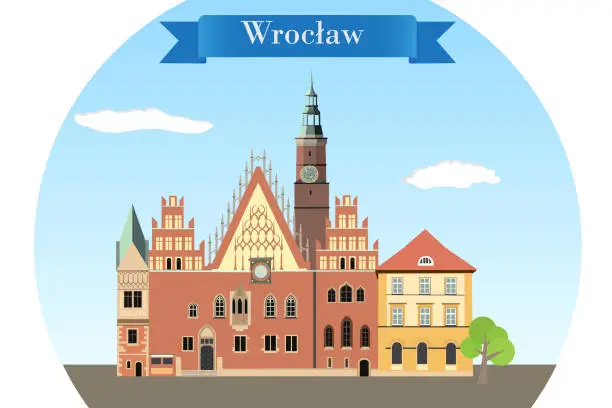 Vector illustration of Gothic facade of historic Town Hall of Wroclaw