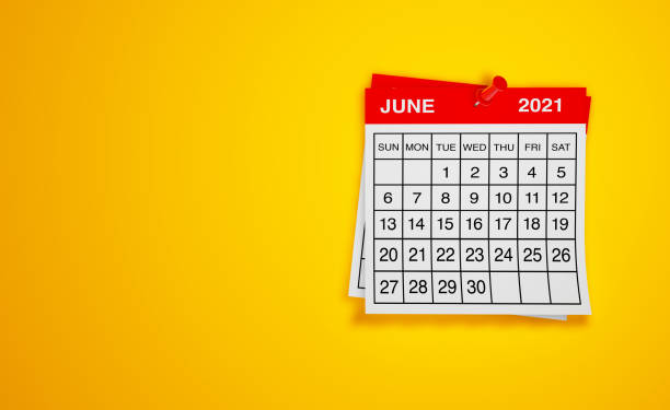June 2021 calendar on yellow background June 2021 calendar on yellow background annual event photos stock pictures, royalty-free photos & images