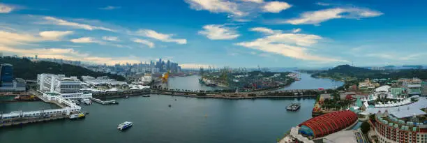 Singapore, Singapore - August 05, 2018: View on Keppel Harbour and the city skyline from Singapore cable car.