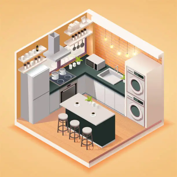 Vector illustration of Modern kitchen room interior with furniture and household appliances in isometric style