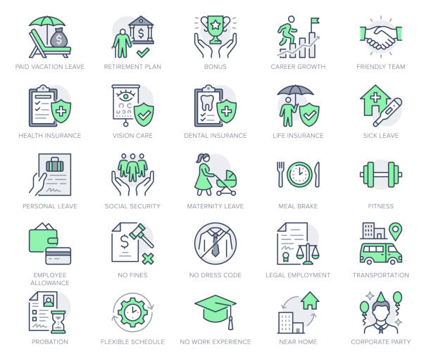 Employee benefits line icons. Vector illustration with icon - hr, perks, organization, maternity rest, sick leave outline pictogram for personal management. Green Color Editable Stroke Employee benefits line icons. Vector illustration with icon - hr, perks, organization, maternity rest, sick leave outline pictogram for personal management. Green Color Editable Stroke. law designs stock illustrations