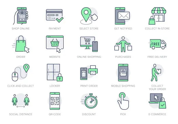 Vector illustration of Click and collect service line icons. Vector illustration with icon - online shopping, qr code, basket, delivery, package, store outline pictogram for e-commerce. Green Color Editable Stroke