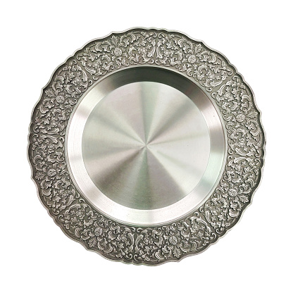 Vintage plate or tray made of silver with decorative floral ornate frame on white background