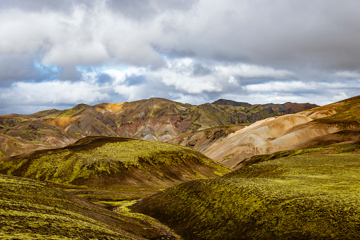 Colorful mountains around the Landmannalaugar area in Iceland during summer in the Fjallabak Nature Reserve in the Highlands of Iceland.