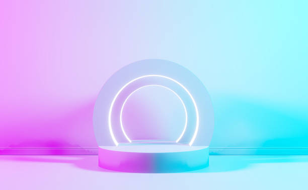 istock blue pink violet neon abstract background, studio modern ultraviolet light, room pastel interior, Glowing fashion podium, performance stage decorations, Stage for circle of light. 3d rendering, 1298568665