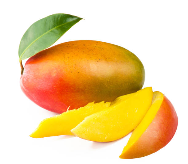 istock Mango fruit with green leave isolated on white background 1298570807