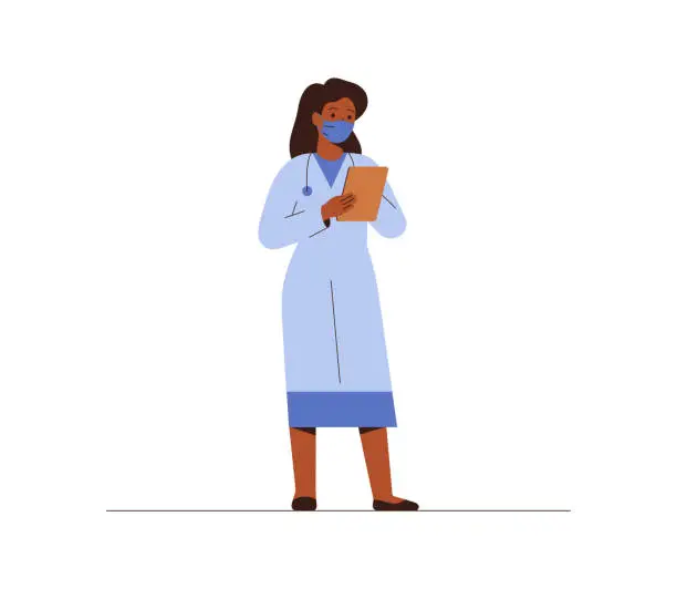 Vector illustration of Black female doctor in medical uniform and face mask holds tablet isolated on white background.  African American nurse woman looks in the medical card.