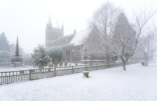 A winter’s morning in Beaconsfield Old Town, Buckinghamshire, and a blast of snow blankets the Church of St Mary and All Saints.