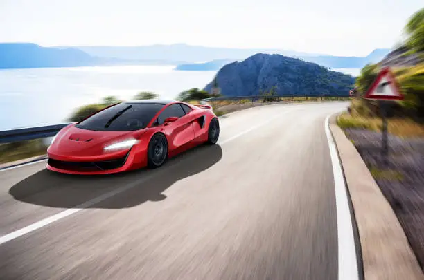 red view of fast moving generic gray sportscar driving on a seaside road, motion blur,  3D, car of my own design.