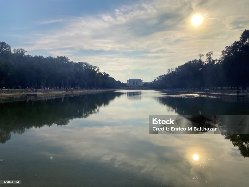 Lincoln Memorial Reflecting Pool - near sunset Famous landmark near sunset on Independence Day - pre fireworks I Have a Dream - 1963 Speech Stock Photo