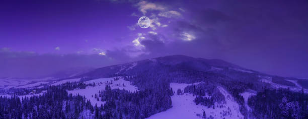 panorama of dark night forest and mountains. winter night, clouds and moon in the sky. purple hue, darkness for halloween. - fog tree purple winter imagens e fotografias de stock