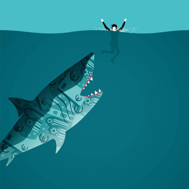Conceptual illustration of a person in debt An illustration of Euro notes in the shape of a shark attacking a swimmer budget cuts stock illustrations