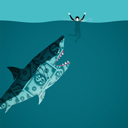 An illustration of dollar bills in the shape of a shark attacking a swimmer