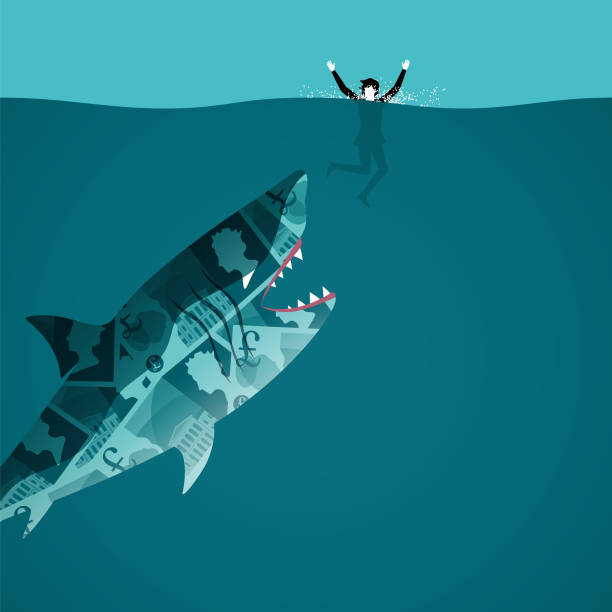 Conceptual illustration of a female in debt An illustration of Pound notes in the shape of a shark attacking a swimmer debt ceiling stock illustrations