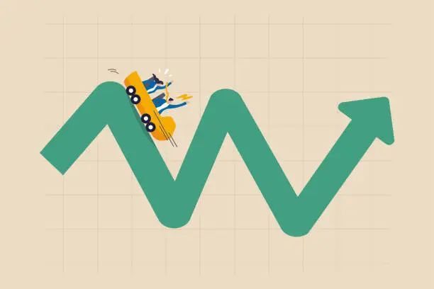 Vector illustration of Investment volatility metaphor of riding roller coaster, financial stock market fluctuation rising up and falling down concept, people investors riding roller coaster on fluctuated market chart.