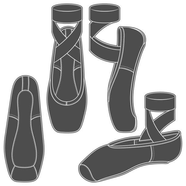 illustrations, cliparts, dessins animés et icônes de ensemble d’illustrations noires et blanches avec des chaussures de pointe, des chaussures de ballet. objets vectoriels isolés. - round toe shoes