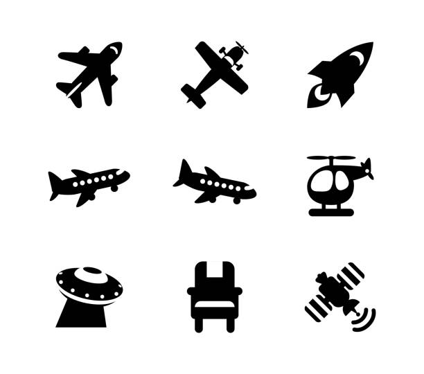ilustrações, clipart, desenhos animados e ícones de ícones de ilustração vetorial de veículos aéreos definidos. transporte aéreo, avião de passageiros, hélice, lançamento de foguetes, helicóptero, coleta de símbolos isolados por satélite - drone subindo