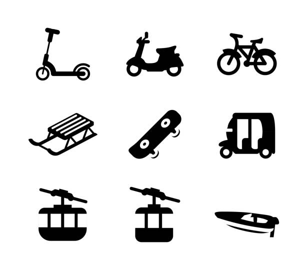 Green transport vector icons set. Push scooter, electric bike, motorcycle, bicycle, jigsaw, skate, cable car, sledge, motorboat symbols collection Green transport vector icons set. Push scooter, electric bike, motorcycle, bicycle, jigsaw, skate, cable car, sledge, motorboat symbols collection scooter stock illustrations