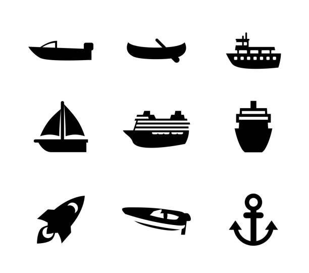 illustrazioni stock, clip art, cartoni animati e icone di tendenza di set di icone vettoriali trasporto acqua. barca a vela, motoscafo, traghetto, merci, nave passeggeri, collezione di simboli isolati da crociera - ferry container ship cruise sailing ship