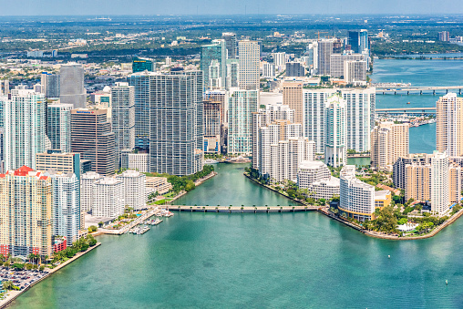 The skyline of the beautiful city of Miami, Florida shot from an altitude of about 1000 feet over the Biscayne Bay