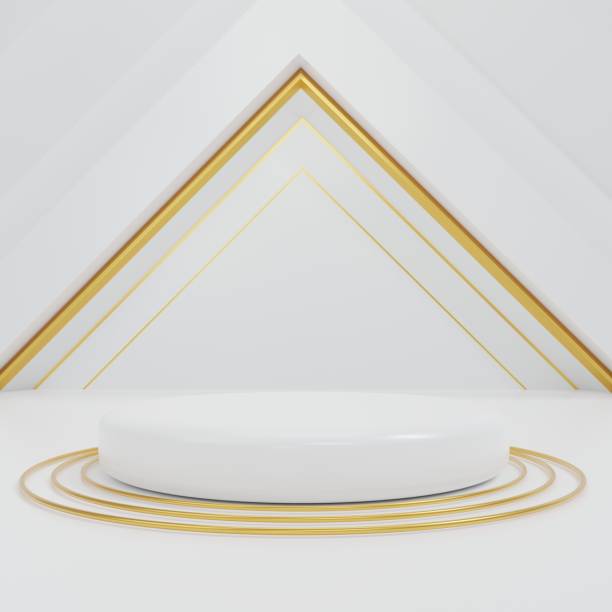 istock 3D rendering , Product display stand white and gold With ball element and geometry. 1298591240
