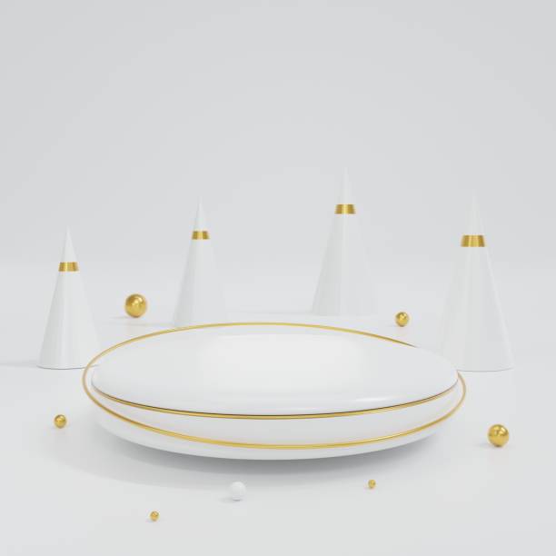 istock 3D rendering , Product display stand white and gold With ball element and geometry. 1298591243