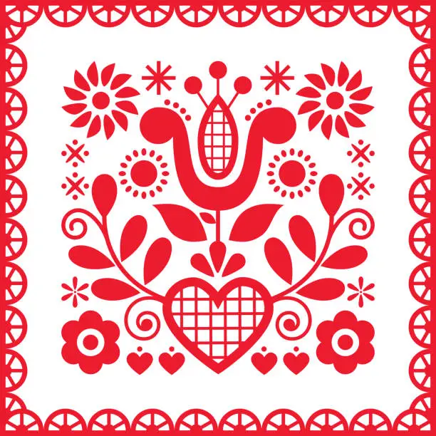 Vector illustration of Folk art vector greeting design with flowers and heart from Nowy Sacz in Poland inspired by traditional highlanders embroidery Lachy Sadeckie