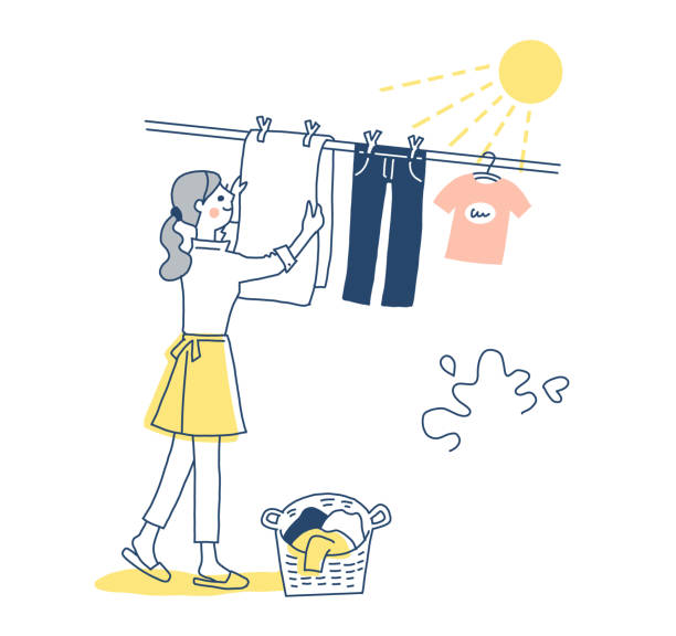 ilustrações, clipart, desenhos animados e ícones de mulher secando a roupa - laundry clothing clothesline hanging