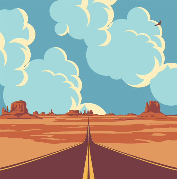western desert landscape with empty straight road Vector landscape with a highway in the desert and mountains and with clouds in blue sky. Summer illustration of an endless straight road running through the barren American scenery route 66 stock illustrations