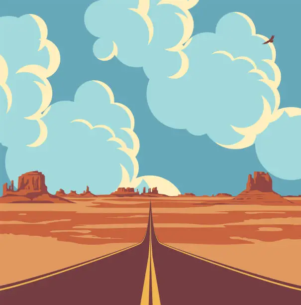 Vector illustration of western desert landscape with empty straight road