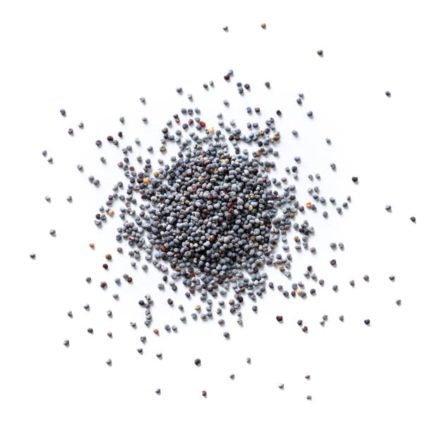 istock Poppy seeds spilled on white background. Overhead view 1298603314