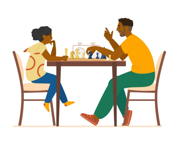 Father Teaches Daughter To Play Chess. Father Teaches Daughter To Play Chess. African American Family At Home Flat Vector Illustration. Isolated On White. chess timer stock illustrations