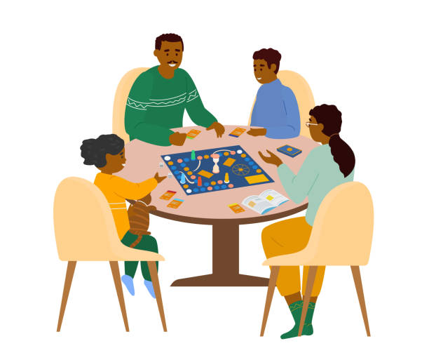 African American Family Sitting At Table Playing Board Game African American Family Sitting At Table Playing Board Game At Home Vector Illustration. Isolated On White. black family home stock illustrations