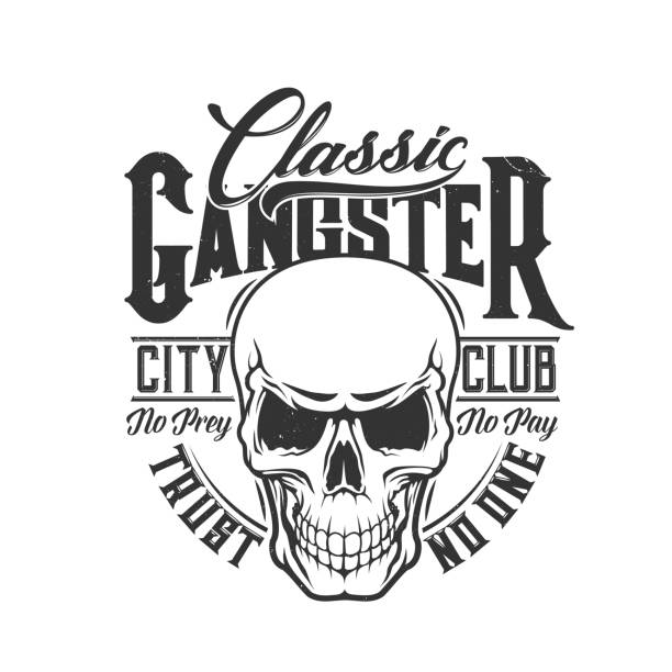 Tshirt print skull vector mascot for city club Tshirt print with skull vector mascot for city club, death laughing head with empty eye sockets. T shirt print with monochrome grunge cranium emblem and typography classic gangster, trust no one gangster rap stock illustrations