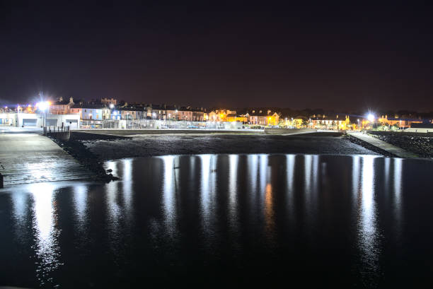 Amazing night view of Greystones Harbour Marina with light reflection in the water, Greystones, Co. Wicklow, Ireland stock photo