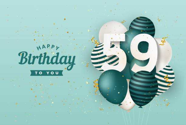 illustrazioni stock, clip art, cartoni animati e icone di tendenza di buon 59 ° compleanno con palloncini verdi sfondo biglietto d'auguri. - numero 59