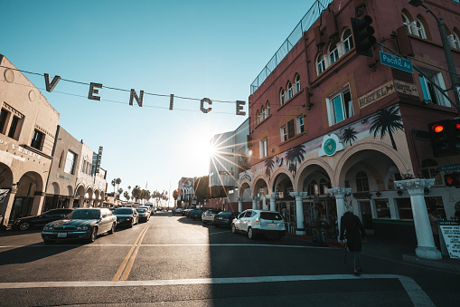 Los Angeles, United States - October 20th, 2018: Venice Beach intersection and sign on Pacific Ave at sunset, late afternoon.