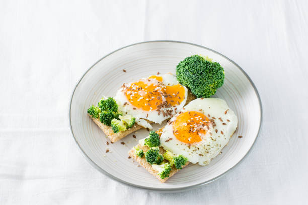 istock Bruschetta with scrambled eggs and broccoli on a grain crispbread on a plate on the table 1298612736
