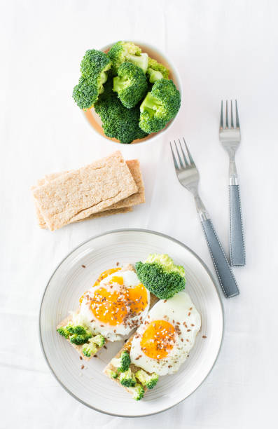 istock Bruschetta with scrambled eggs and broccoli on a grain crispbread with sesame seeds and flaxseed on a plate on the table. Top view. Vertical view 1298612764