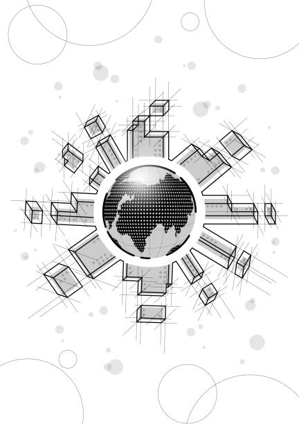 building around the world, technology, blueprint Black and white building on the white background, city, landscape, architecture, modular, blueprint hometown stock illustrations