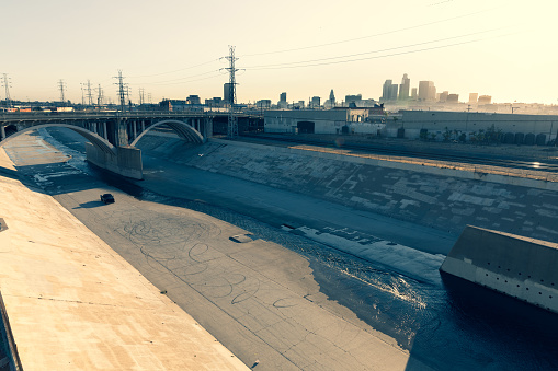 Los Angeles River and city downtown skyline