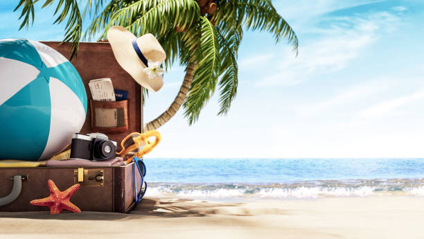 istock Unpacked travel suitcase on the beach anther the palm tree. Summer concept background 1298616544