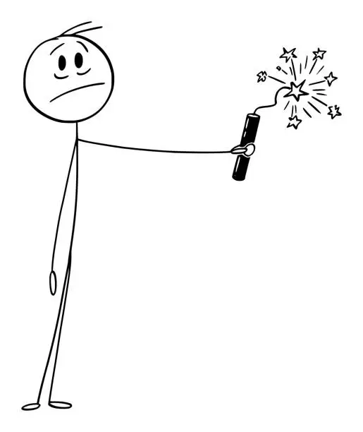 Vector illustration of Frustrated Man Holding Ignited Bomb or Dynamite in Hand , Vector Cartoon Stick Figure Illustration