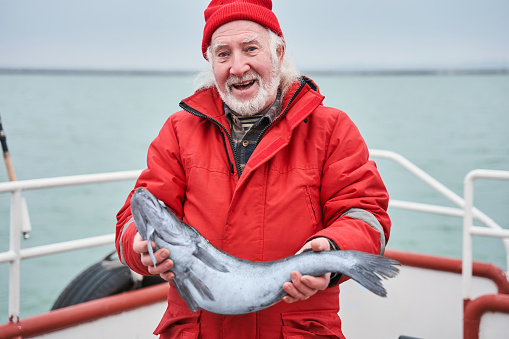 Photo of the skilful bearded senior fisherman holding his fish catch at the hands after the fishing. Occupation and fishing concept. Stock photo