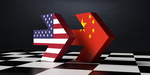 Politics, governments and global relations concepts. 3D rendered American Flag and Chinese flag covered bold arrows standing standing on a chess board on same direction.