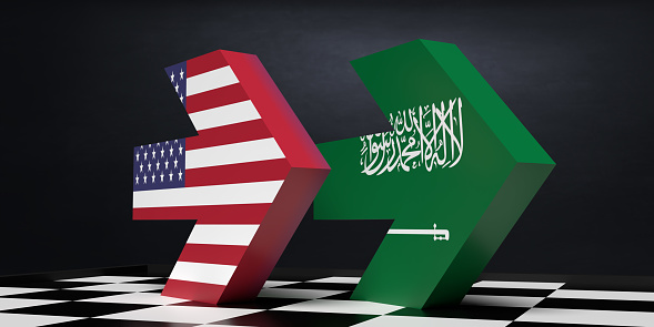 Flags of Iran, USA and Russia together with oil barrel. Oil embargo, oil crisis concept photo